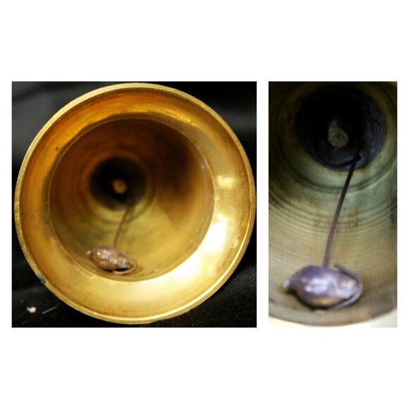 Metal Golden Brass Hand Bell Cream Enameled Pink Red Floral Pattern - Picture 10 of 12